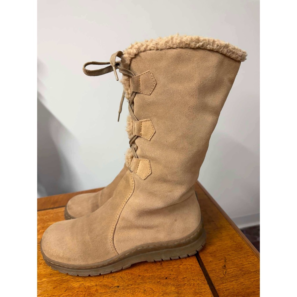 Vtg y2k Women's 8 Duxbery Tan Suede Leather Faux Fur Winter Boots Mid Calf Snow - Picture 2 of 8